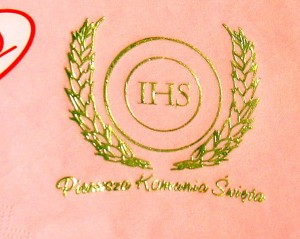 Serwetki komunijne Gajo - złoty motyw na różowym tle