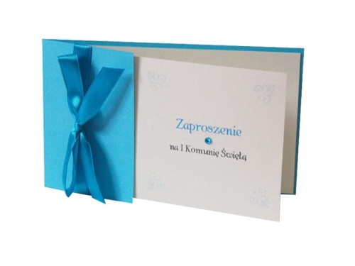 Zaproszenia komunijne z kokardą, błękit 